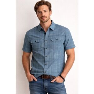 Rock & Republic Mens XL Blue Plaid Button Up Shirt Short Sleeve Casual